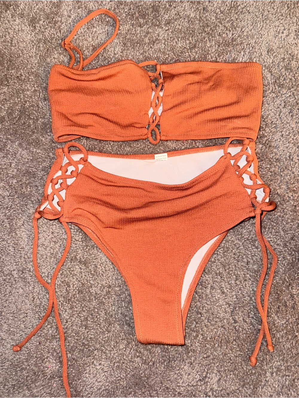 Rust Burnt Orange Ribbed Lace-Up Bikini Set with removable straps